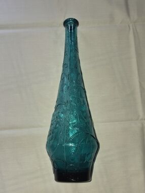 MCM Italian Empoli Teal Glass Decanter Genie Bottle NO STOPPER Grapes Cherries